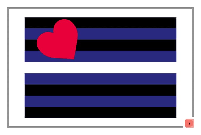 La bandera del Orgullo Leather con franjas azules, negras y blancas y un corazón rojo en la esquina superior izquierda, y debajo la misma bandera sin el corazón