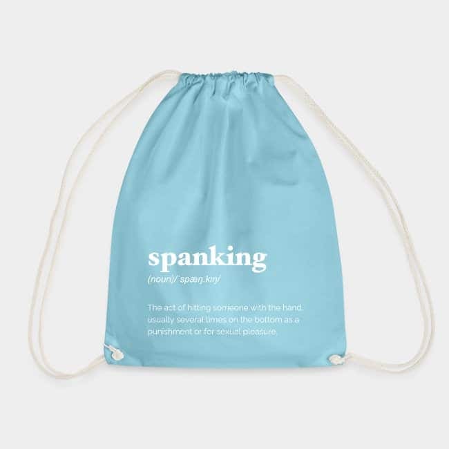 Mochila de cuerdas azul claro con la definición de diccionario de «spanking» en letras blancas