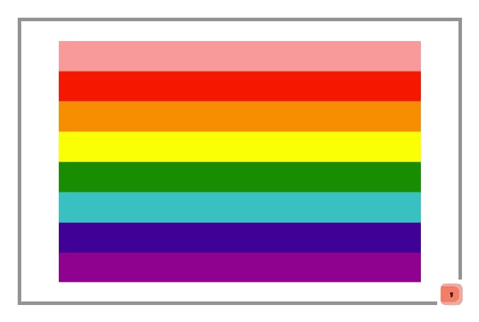 La bandera arcoíris de ocho colores de Gilbert Baker con franjas rosa, roja, naranja, amarilla, verde, turquesa, índigo y violeta