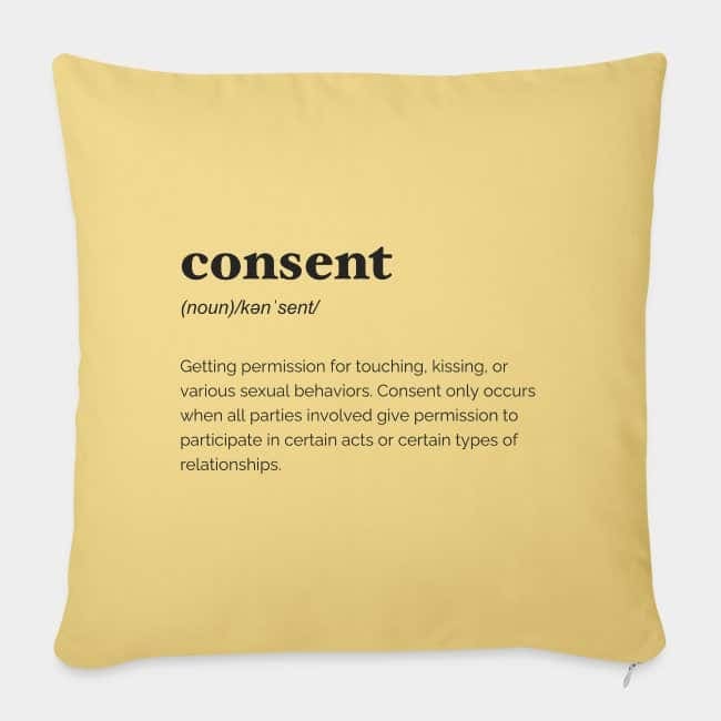 Cojín amarillo con la definición de diccionario de «consent» estampada