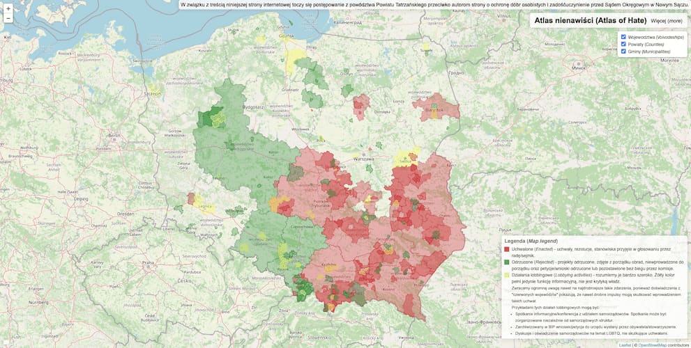 Mapa de Polonia del «Atlas del odio», que marca en rojo, verde y amarillo las regiones con resoluciones anti-LGBTQ aprobadas, rechazadas o debatidas