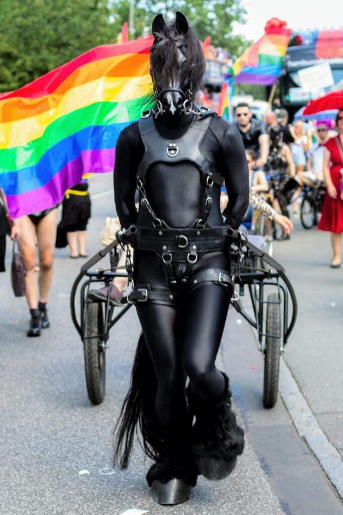 Ponyplayer con traje de látex negro, máscara de caballo y crin tira de un sulky de dos ruedas en un desfile del Orgullo, con banderas arcoíris al fondo
