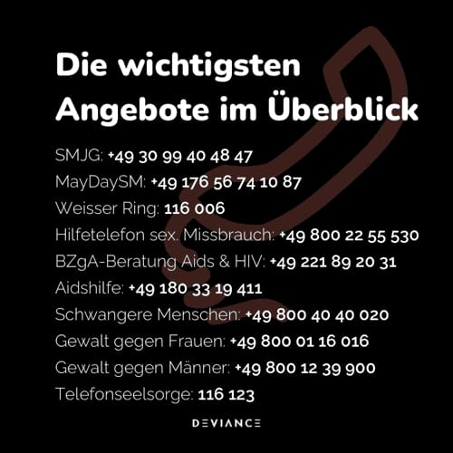 Resumen de las principales líneas de ayuda alemanas con sus teléfonos: SMJG +49 30 99 40 48 47, MayDaySM +49 176 56 74 10 87, Weisser Ring 116 006, línea de abuso sexual +49 800 22 55 530, asesoramiento sobre sida y VIH de BZgA +49 221 89 20 31, Aidshilfe +49 180 33 19 411, asesoramiento para embarazadas +49 800 40 40 020, violencia contra las mujeres +49 800 01 16 016, violencia contra los hombres +49 800 12 39 900, Telefonseelsorge 116 123