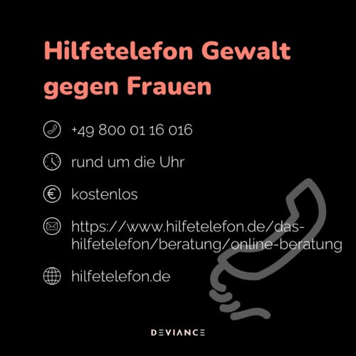Línea de ayuda por violencia contra las mujeres: +49 800 01 16 016, las 24 horas, gratuita, asesoramiento en línea en hilfetelefon.de/das-hilfetelefon/beratung/online-beratung, hilfetelefon.de