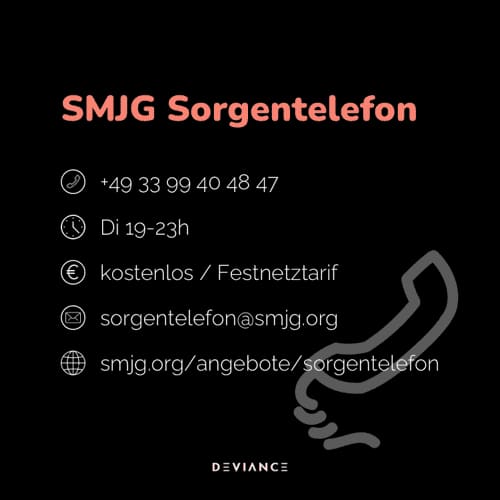Línea de ayuda de SMJG: +49 33 99 40 48 47, martes de 19 a 23 h, gratuita o a tarifa de fijo, sorgentelefon@smjg.org, smjg.org/angebote/sorgentelefon