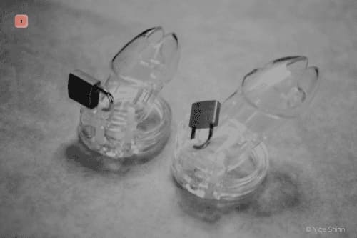 Dos jaulas de castidad de plástico transparente con candados, una junto a otra, en blanco y negro