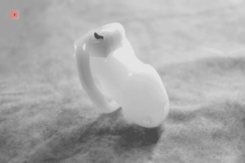 Jaula de castidad de plástico blanco sobre una superficie clara, en blanco y negro
