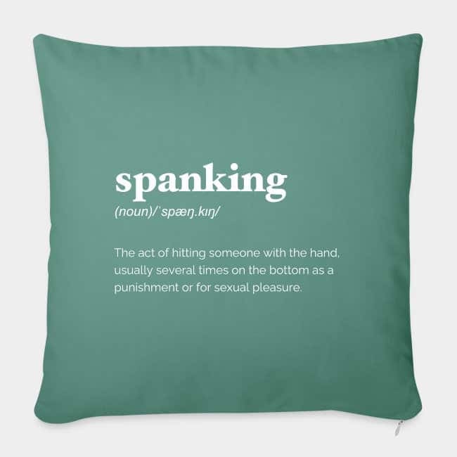 Cojín verde salvia con la definición de diccionario de «spanking» en letras blancas
