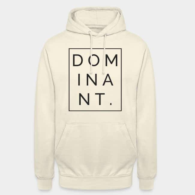 Sudadera con capucha color crema con la palabra «DOMINANT.» dentro de un marco negro