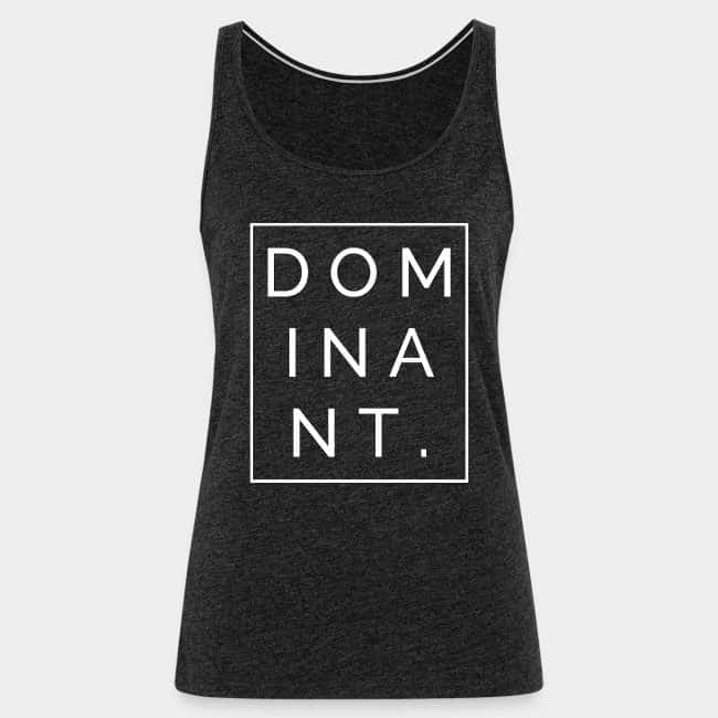 Camiseta de tirantes gris marengo jaspeado con la palabra «DOMINANT.» dentro de un marco blanco