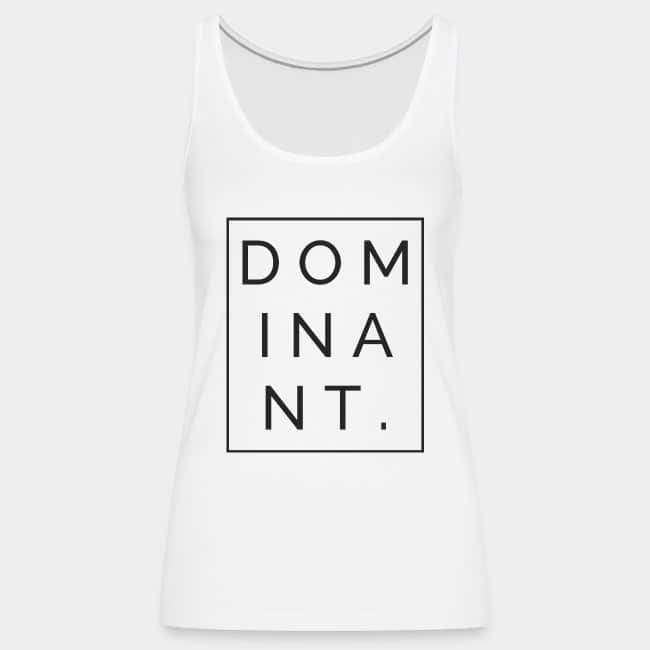 Camiseta de tirantes blanca con la palabra «DOMINANT.» dentro de un marco negro