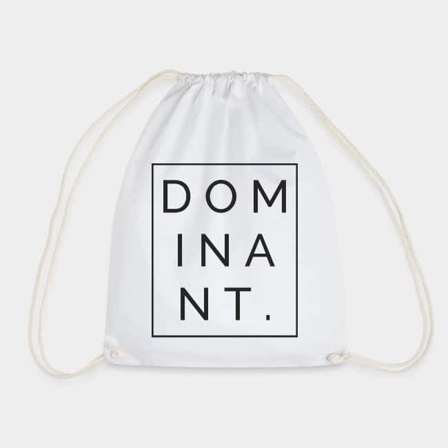 Mochila de cuerdas blanca con la palabra «DOMINANT.» dentro de un marco negro