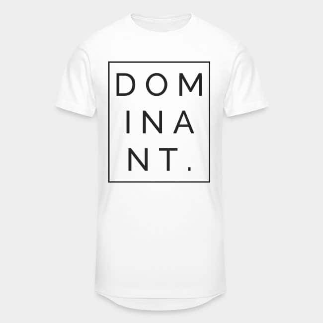 Camiseta blanca larga con la palabra «DOMINANT.» dentro de un marco negro