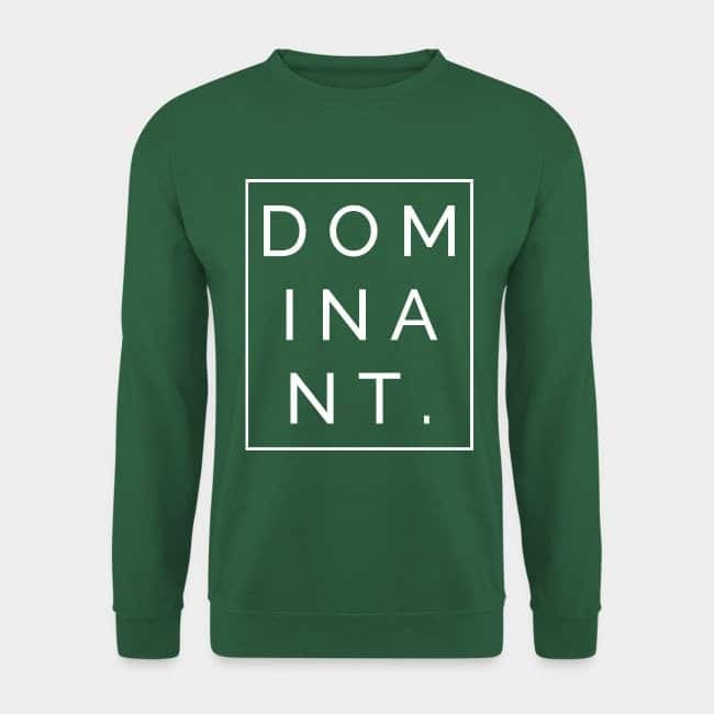 Sudadera verde oscuro con la palabra «DOMINANT.» dentro de un marco blanco