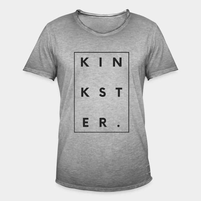 Camiseta gris jaspeada con la palabra «KINKSTER.» dentro de un marco negro