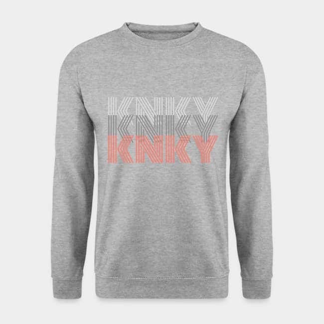 Sudadera gris jaspeada con «KNKY» repetido tres veces en letras blancas, grises y coral