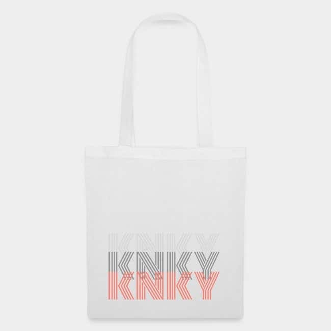 Bolsa de tela blanca con «KNKY» estampado en letras retro grises y coral
