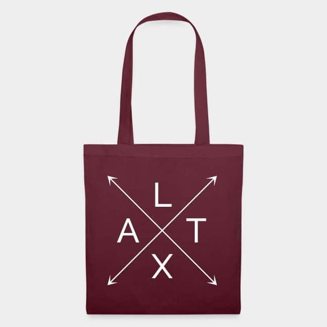 Bolsa de tela burdeos con las letras L, A, T y X en una cruz de flechas blanca