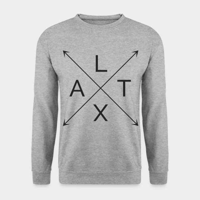 Sudadera gris jaspeada con las letras L, A, T y X en una cruz de flechas negra