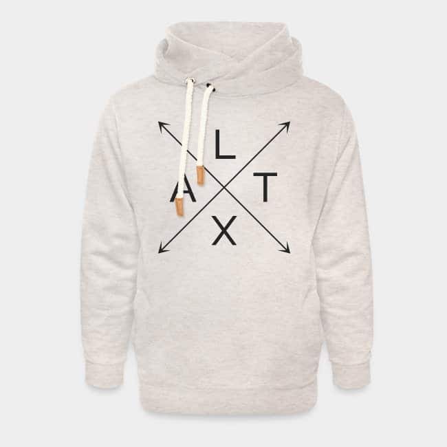 Sudadera color crema con cuello chal y las letras L, A, T y X en una cruz de flechas negra