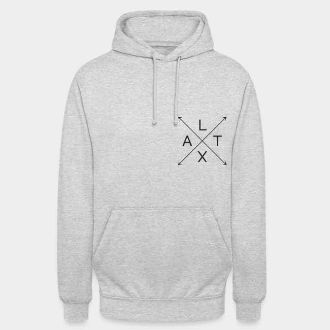 Sudadera con capucha gris jaspeada con un pequeño estampado en el pecho: las letras L, A, T y X en una cruz de flechas negra