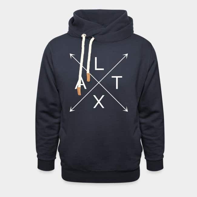 Sudadera azul marino con cuello chal y las letras L, A, T y X en una cruz de flechas blanca