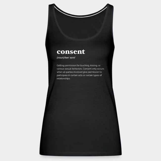 Camiseta de tirantes negra con la definición de diccionario de «consent» en letras blancas