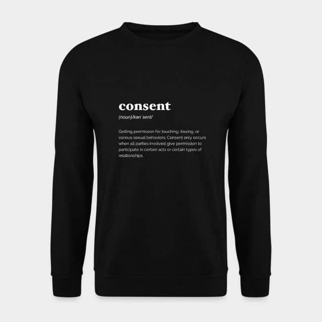 Sudadera negra con la definición de diccionario de «consent» en letras blancas
