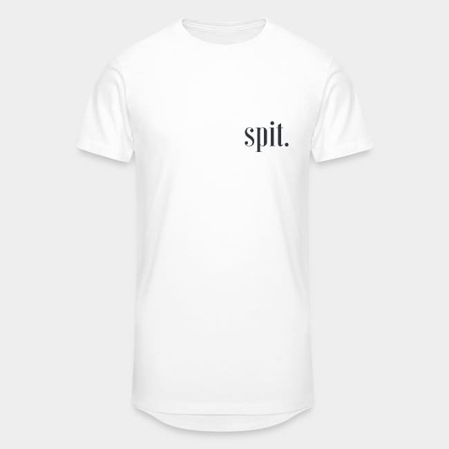 Camiseta blanca larga con un pequeño estampado «spit.» en el pecho en tipografía serif oscura