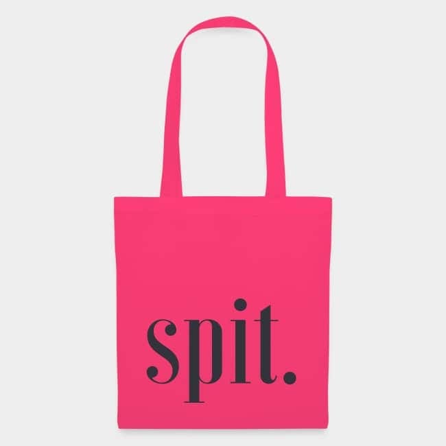 Bolsa de tela rosa con «spit.» estampado en tipografía serif oscura
