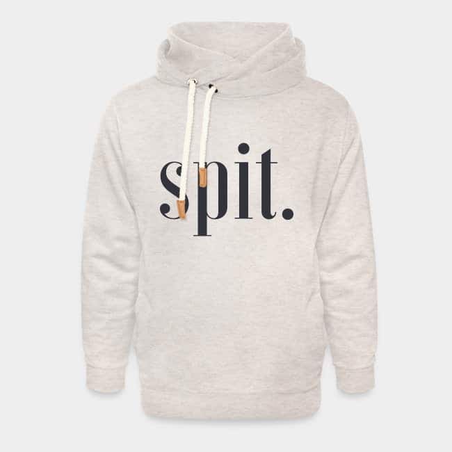 Sudadera color crema con cuello chal y «spit.» estampado en tipografía serif oscura