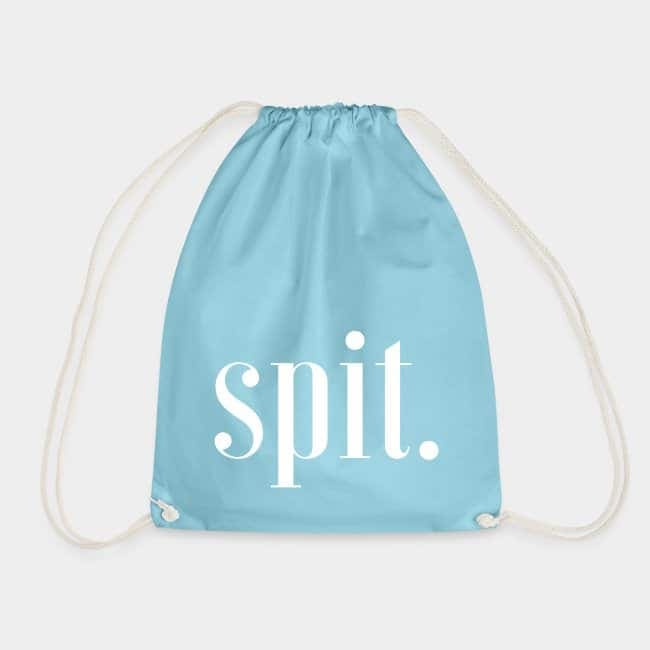 Mochila de cuerdas azul claro con «spit.» estampado en tipografía serif blanca