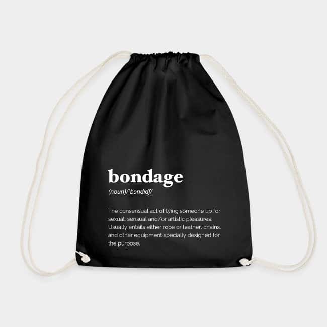 Mochila de cuerdas negra con la definición de diccionario de «bondage» en letras blancas