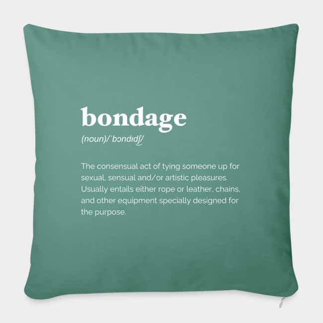 Cojín verde salvia con la definición de diccionario de «bondage» en letras blancas