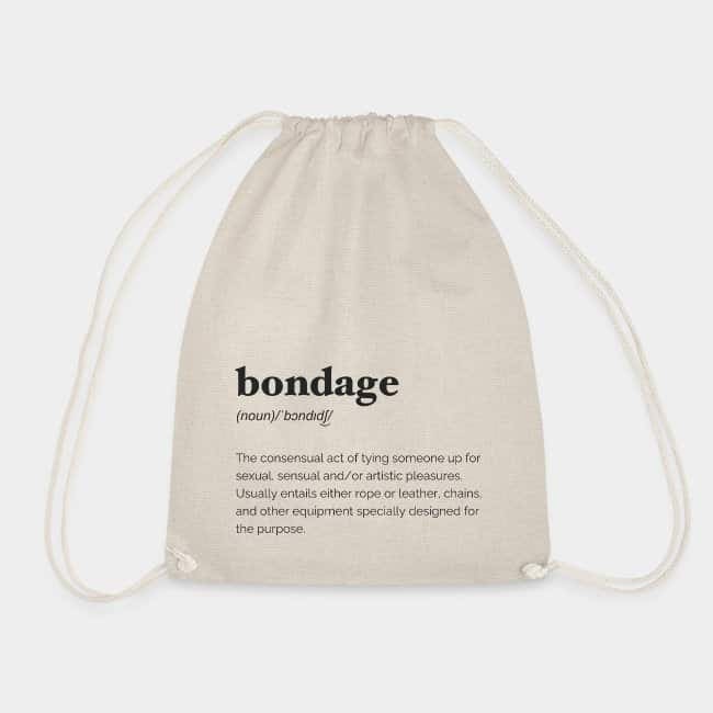 Mochila de cuerdas color natural con la definición de diccionario de «bondage» estampada