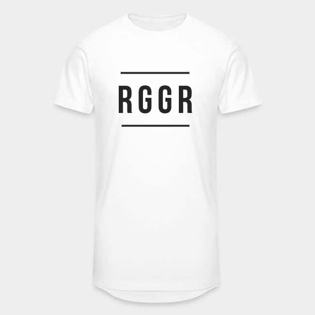 Camiseta blanca larga con «RGGR» estampado en mayúsculas negras entre dos líneas