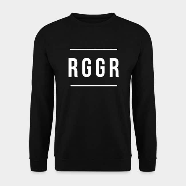 Sudadera negra con «RGGR» estampado en mayúsculas blancas entre dos líneas