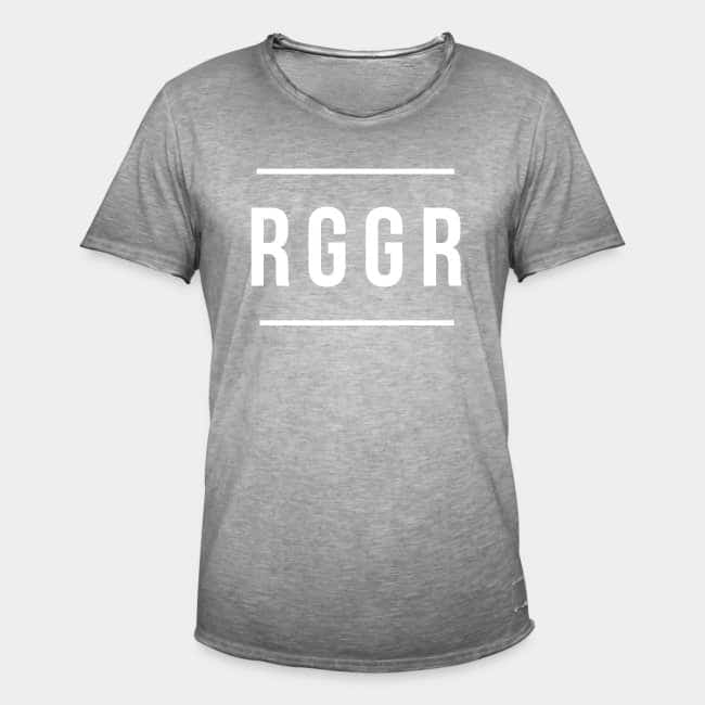 Camiseta gris jaspeada con «RGGR» estampado en mayúsculas blancas entre dos líneas