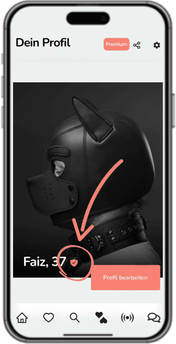 Smartphone-Mockup der Ansicht „Dein Profil“, bei dem ein Pfeil auf das Verifizierungs-Abzeichen neben dem Namen zeigt
