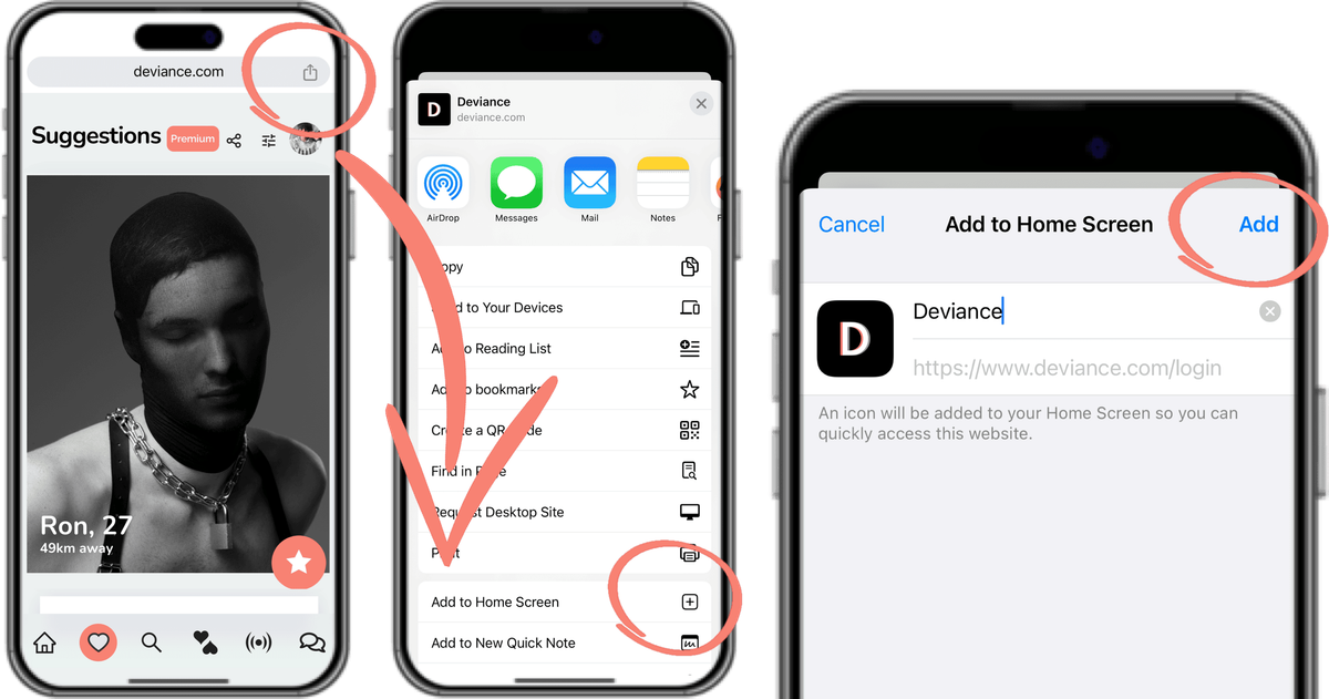 Guía de tres pasos para guardar Deviance como app: tocar el icono de compartir en el navegador, elegir «Add to Home Screen» en el menú y confirmar con «Add»