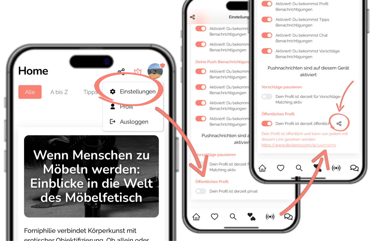 Dreistufige Anleitung in der deutschen Deviance-App: über das Menü zu den Einstellungen, dort zum Abschnitt „Öffentliches Profil“ und den Schalter aktivieren, um das Profil unter deviance.com/p/username teilbar zu machen