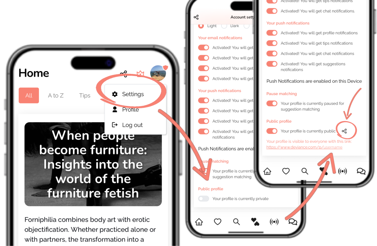 Guía de tres pasos en la app de Deviance: abrir Ajustes desde el menú, ir a la sección «Public profile» y activar el interruptor para compartir el perfil en deviance.com/p/username