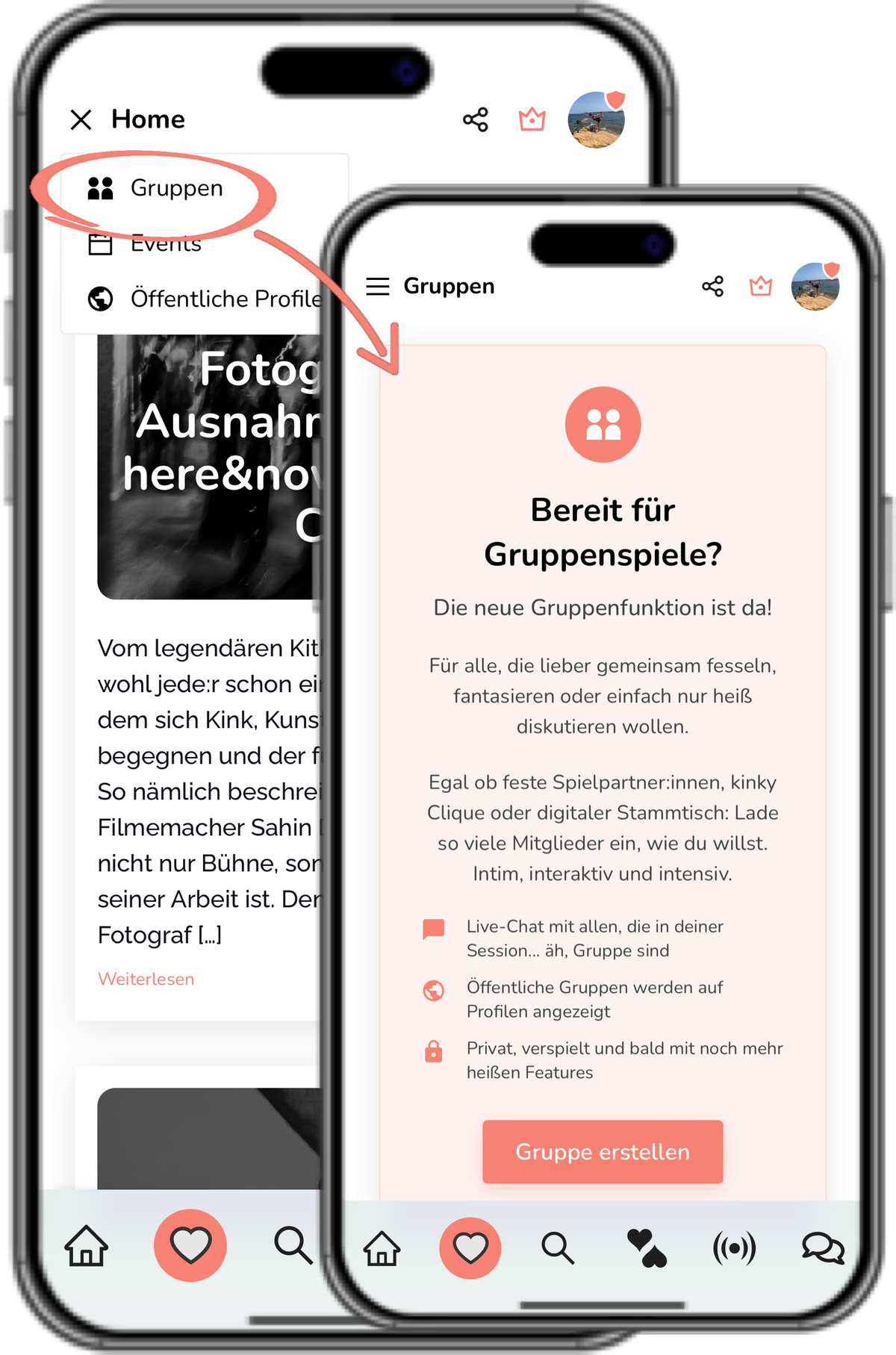 Screenshot des Deviance-Menüs mit geöffnetem Gruppenbereich und Startscreen der Gruppenfunktion