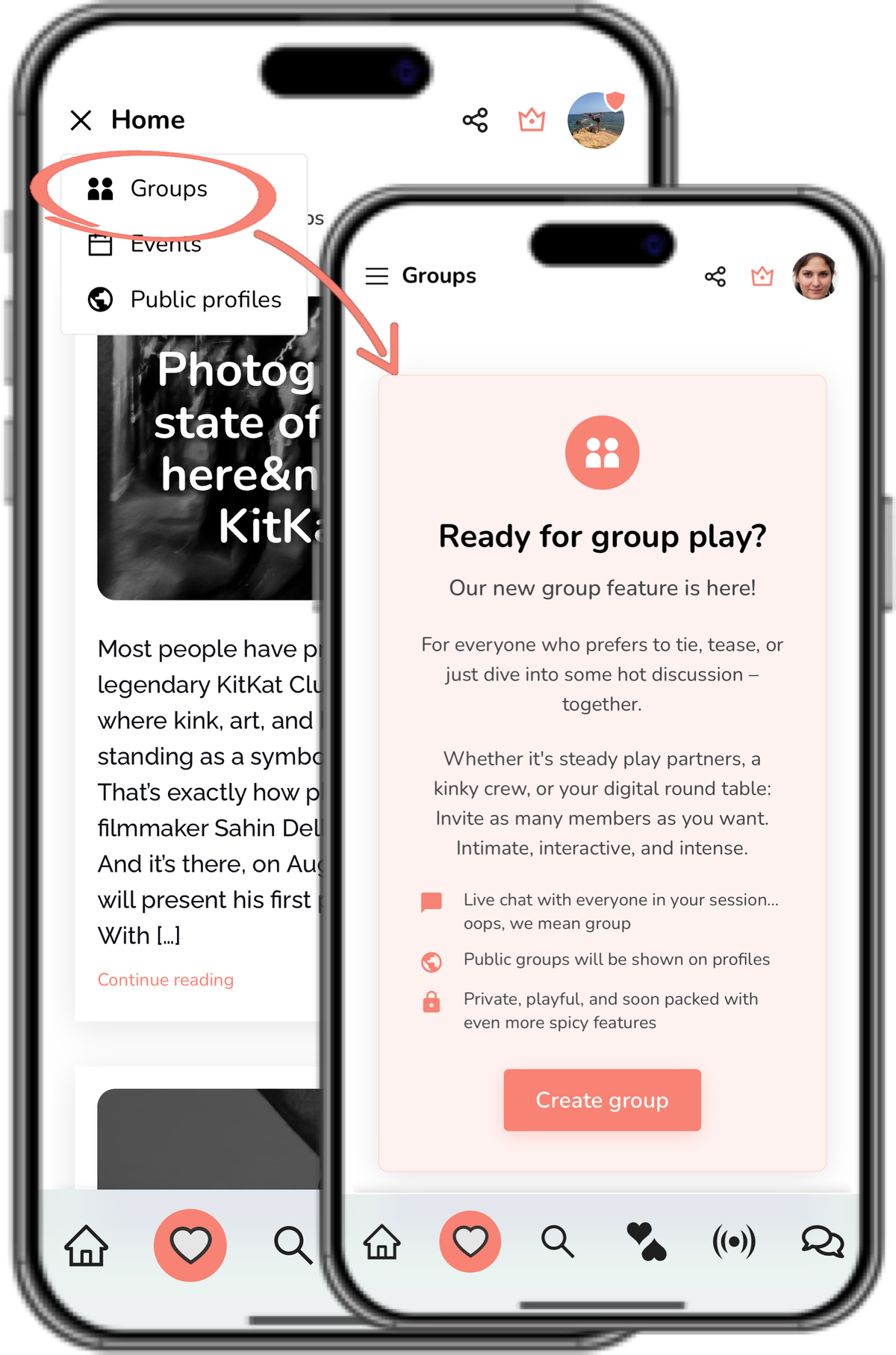 Dos pantallas de la app de Deviance: a la izquierda el menú con «Groups» destacado, a la derecha el anuncio «Ready for group play?» con chat en vivo, grupos públicos y el botón «Create group»