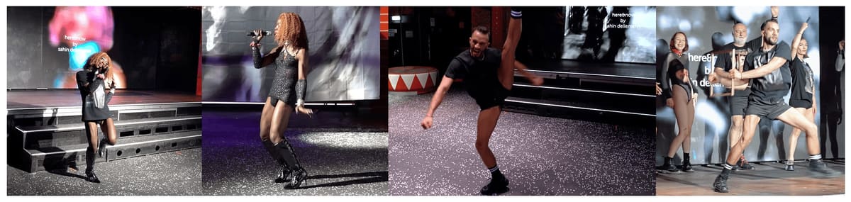 Cuatro fotogramas de la performance «here&now» de Sahin Dellemann: actuaciones con micrófono, baile y una escena de grupo en el escenario