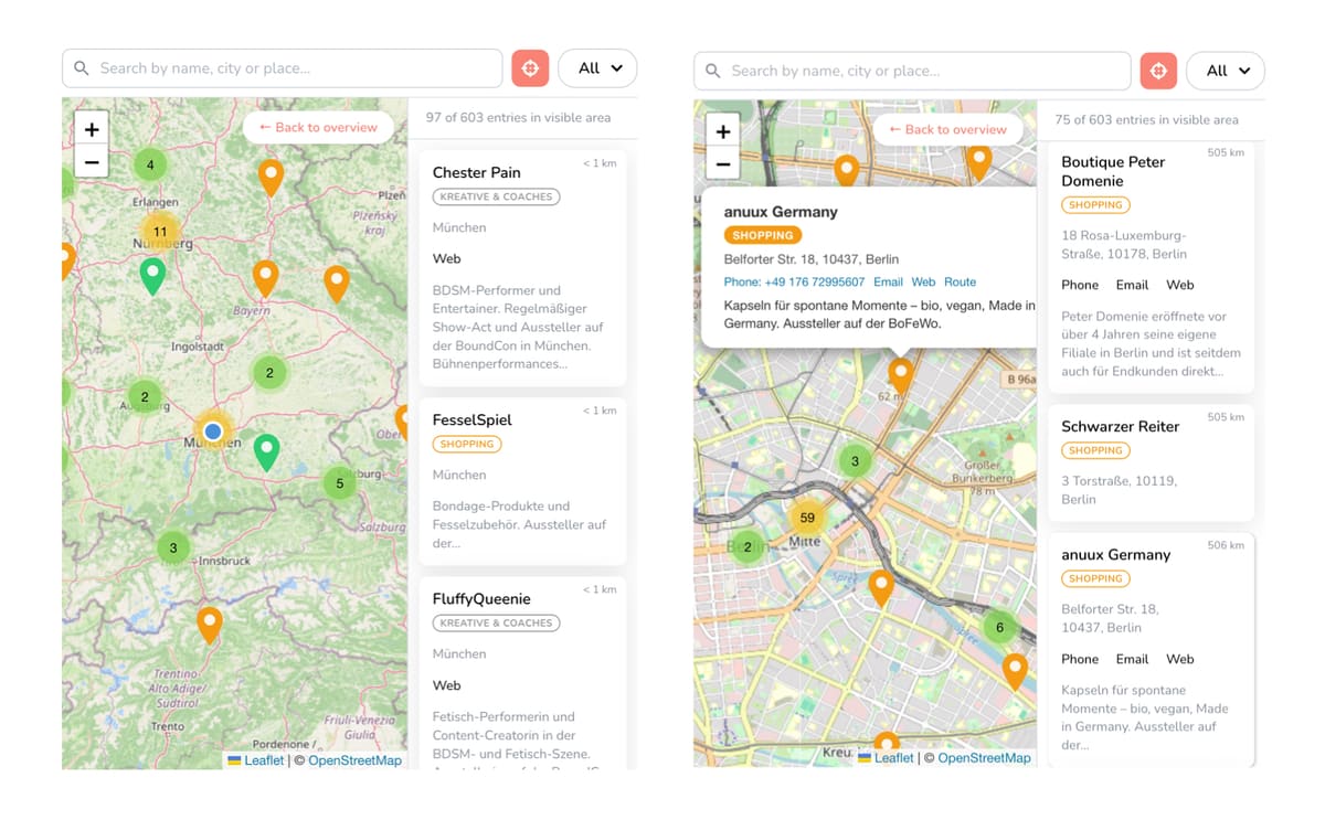 Screenshot of the Deviance Places map view with different categories and marked BDSM and fetish related places in a city.