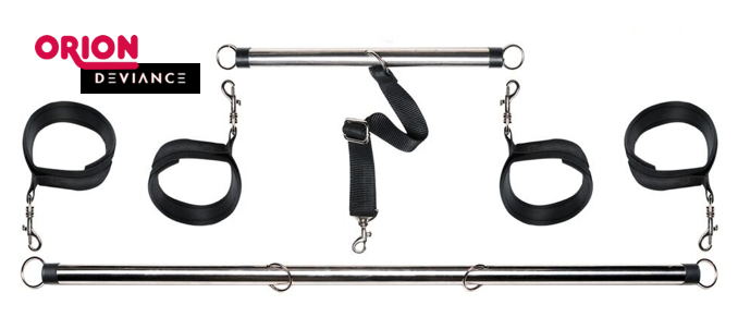 Spreader bar set consisting of an adjustable bar and cuffs, isolated on a white background.