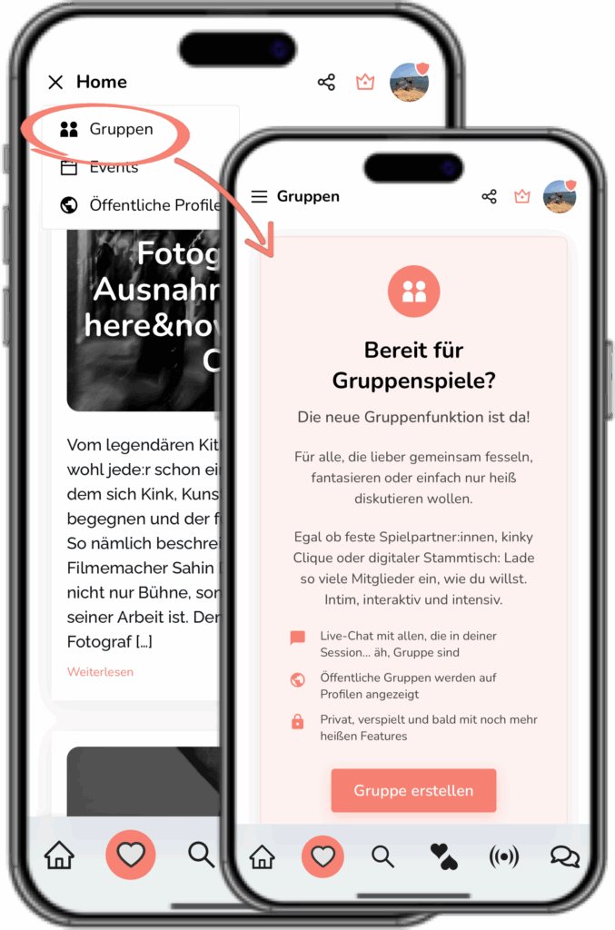 Screenshot des Deviance-Menüs mit geöffnetem Gruppenbereich und Startscreen der Gruppenfunktion