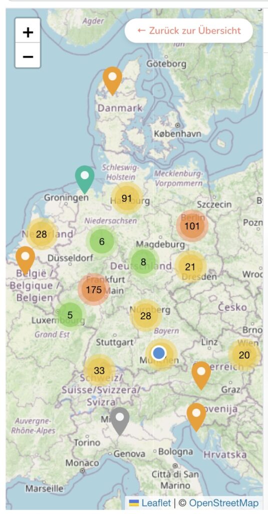 Screenshot von Deviance Places mit interaktiver Karte und verschiedenen markierten BDSM und Fetisch Locations im deutschsprachigen Raum.
