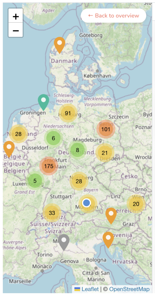 Screenshot of Deviance Places featuring an interactive map with various marked BDSM and fetish locations across the German speaking world.